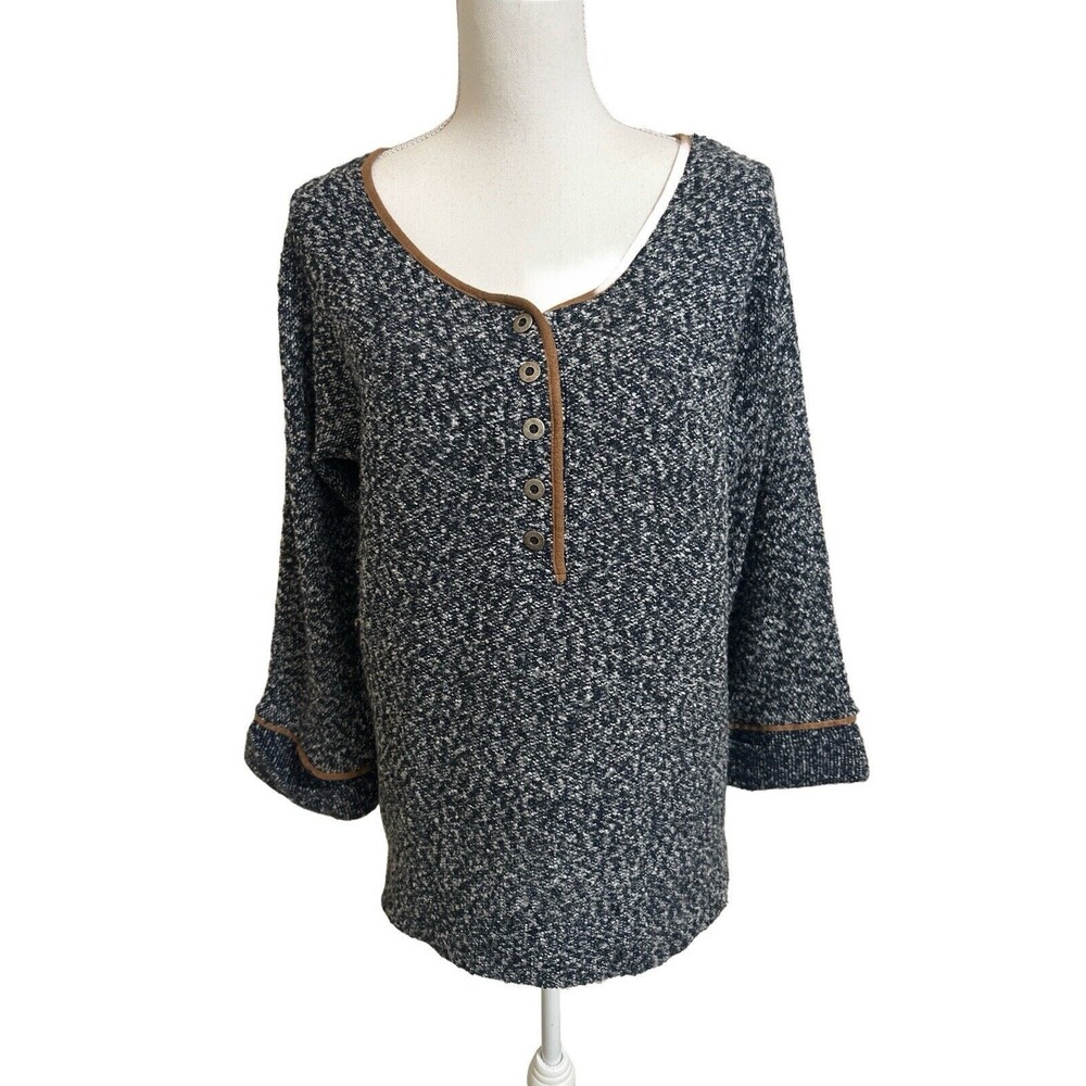 Soft Surroundings Women's S Navy Henley Sweater Top 3/4 Sleeve Oversized Small